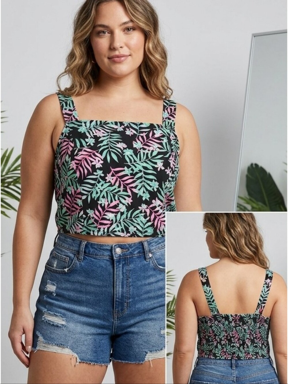 No Boundaries Cropped Wide Strap Square neck tank Black Tropical Size XXXL